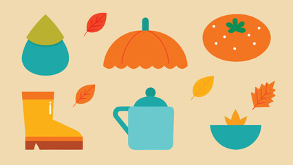 Vector art of collection of autumn elements including leaves, pumpkin, teapot, and boots, perfect for a seasonal design