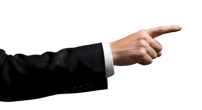 A man's arm with a pointing finger, dressed in a classic black suit, isolated on transparent background