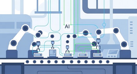 Illustration of robotic arms and machinery working in a factory setting, representing AI.