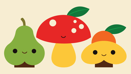 Vector art of a cute pear, mushroom, and plum illustration with smiling faces, perfect for adding a touch of whimsy to any design
