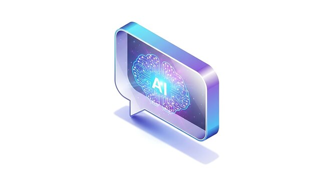 Isometric speech bubble displaying an AI-themed brain illustration, isolated on white.