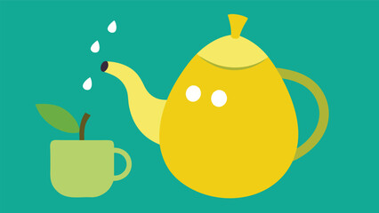 Vector art of a whimsical illustration of a pearshaped teapot pouring tea into a cup with a leaf, set against a vibrant teal background