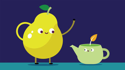 Vector art of a charming cartoon illustration featuring a pear character with a teapot character on a dark blue background