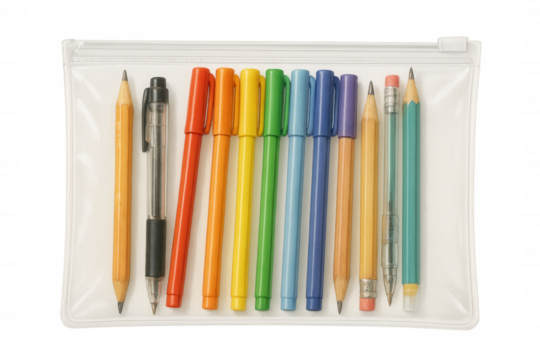 Pencils and pens in rainbow colors inside a clear pencil case, symbolizing education and creativity