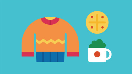 Vector art of sweater, cookie, and mug, perfect for winter and christmas, a delightful holiday treat on a light blue background