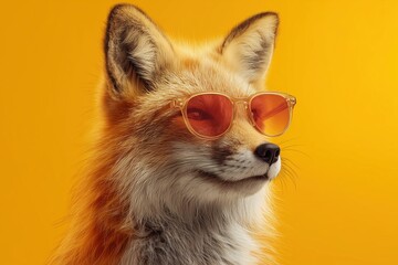 Obraz premium A fox wearing pink sunglasses against a bright yellow background, giving a cool and stylish appearance.
