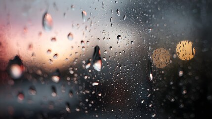 Fototapeta premium Water droplets on glass with blurred background during dusk.