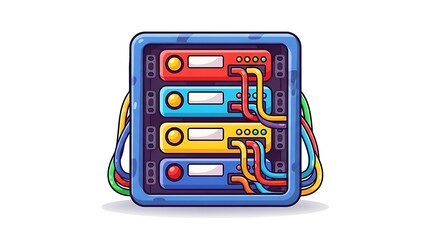 A cartoon illustration of a server rack with colorful components and connected cables.