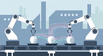 Robotic arms working on a production line, processing objects in a factory.