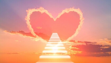 Stairway to Heaven. Red heart shaped sky at sunset. 