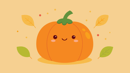 Vector art of adorable cartoon pumpkin character with a sweet smile, surrounded by falling leaves, a charming autumn illustration