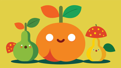 Vector art of charming cartoon fruits illustration featuring a peach, pear, and mushroom pear, perfect for childrens books and educational materials