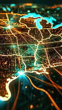 An  of the United States at night with glowing city lights and road networks highlighted in orange.