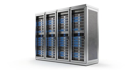 A row of modern server racks, displaying data storage and processing equipment.