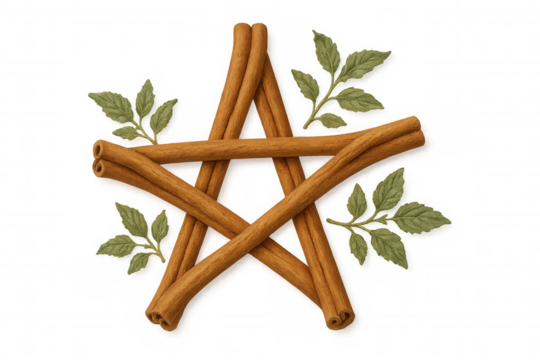 Cinnamon sticks forming pentagram with green leaves, symbolizing pagan rituals, herbal magic, and spiritual beliefs