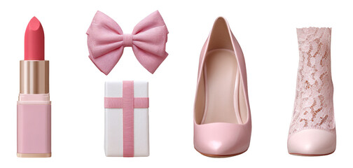 Pink Fashion Accessories Including Lipstick, Bow, Gift Box, High Heel Shoe