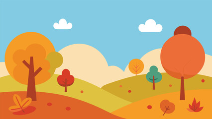 Vector art of autumn landscape illustration with orange trees, hills, clouds and leaves on a blue background in flat design style