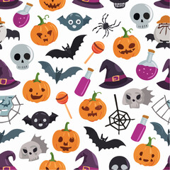 Naklejka premium Flat vector seamless background with Halloween icons — skulls, bats, potions, spiders, candy, and witches’ hats