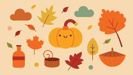 Vector art of a charming autumn vector illustration featuring a cute pumpkin, colorful leaves, clouds, and other seasonal elements on a beige background