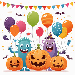 Cartoon-style flat vector background of a Halloween party with friendly monsters, balloons, and pumpkin lanterns