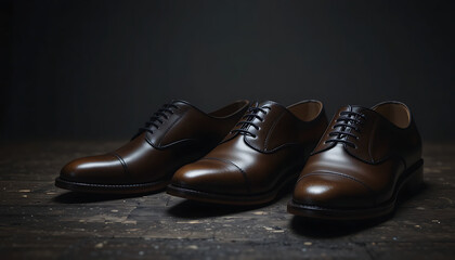 Classic elegance of three premium brown leather men's dress shoes, showcasing fine craftsmanship and timeless style, beautifully presented on a dark wooden surface