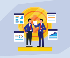 Two businessmen analyzing financial reports and charts against a backdrop of a large gold coin 2d flat vector illustrations