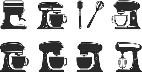 Black silhouette vector illustration of kitchen stand mixer, whisk, spoon, baking equipment, cooking appliances, home kitchen tools, white background