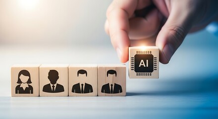 Hand placing a wooden block with ai chip symbol on row of employee icons, representing artificial intelligence in recruitment