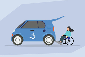 Woman in a wheelchair using a specially modified vehicle with a ramp for accessible transportation 2d flat vector illustrations