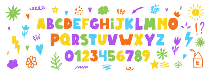 Doodle children font, cartoon kids alphabet with crayon, paste or chalk texture. Vector handdrawn numbers, flower, arrow, house and lightning.