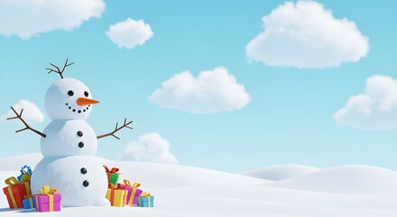 Obraz premium Snowman with gift boxes in snowy landscape, Christmas background with copy space