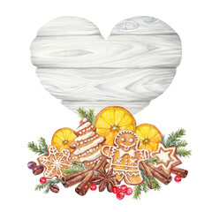 Watercolor Christmas gingerbread man chocolate and orange and wood board with copy space isolated on white background. New Year heart and tree and food condiment. Cookie clipart for wallpaper