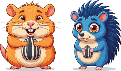 Cute Cartoon Hamster and Blue Spiky Hedgehog Character Duo Holding Sunflower Seeds, Smiling Together for Children's Fun and Pet Shop Designs. © MDALRAFIN