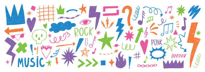 Grange punk, rock and music elements with chalk, pastel or crayon texture. Hand drawn sketch tattoo shapes. Color vector illustration in retro style.