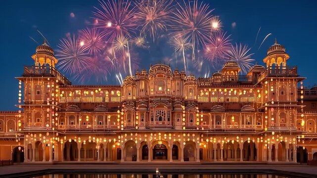 Hawa Mahal Jaipur India Celebrates with Fireworks Display at Night