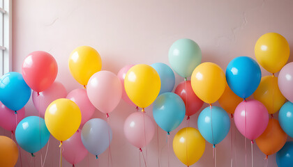 A vibrant collection of colorful party balloons floating against a pastel pink wall, creating a festive and cheerful background for any celebration