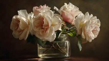 Soft pink and white roses bloom in a glass jar on a wooden surface.
