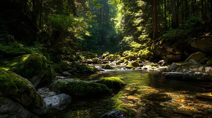 Sunlit forest stream flows over mossy rocks through dense woodland.
