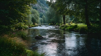 Obraz premium Scenic river flows through a lush green landscape under a canopy of trees.