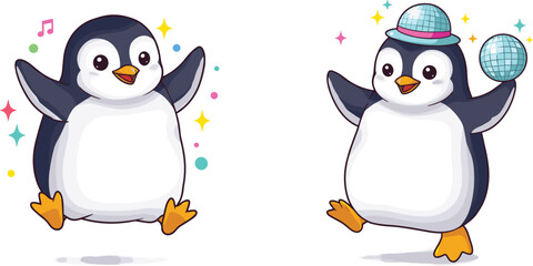 Obraz premium Cute dancing penguin cartoon illustration, happy penguin with disco ball, adorable winter animal character art, joyful celebration vector design
