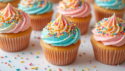 A vibrant assortment of festive cupcakes with colorful pink and blue buttercream frosting and rainbow sprinkles, perfect for a celebration