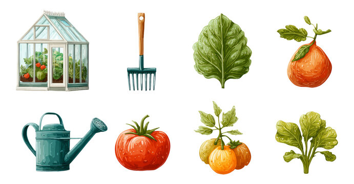 Colorful vegetable and gardening tools illustration on transparent background