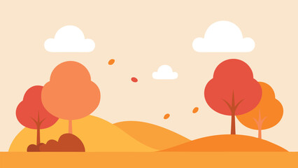 Vector art of autumn landscape with trees, hills, and clouds in a flat design, perfect for fallthemed projects and seasonal decorations
