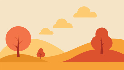 Vector art of a flat vector illustration of an autumn landscape with trees, hills, and clouds warm and cozy scene with simple design