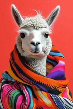 A fluffy white llama wearing a vibrant, multicolored striped scarf against a bold red background.
