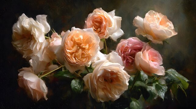 Delicate pale peach and pink roses bloom in a dark artistic setting. - Powered by Adobe