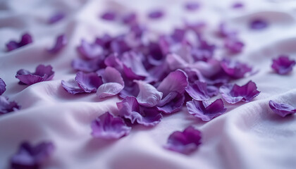 Romantic still life with soft purple petals scattered on a draped, silky pink cloth, creating a gentle and beautiful texture