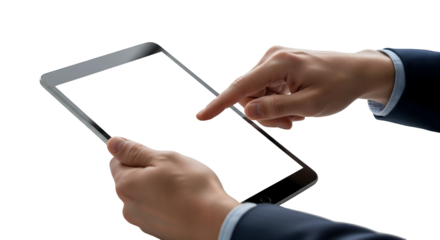 A person is using a digital tablet with their hands to browse the touchscreen, isolated on transparent background