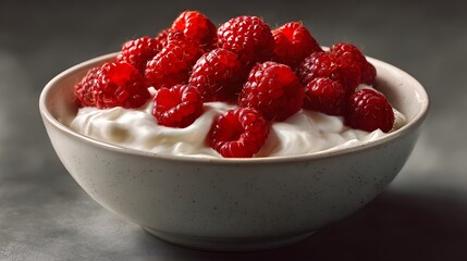Bowl of creamy yogurt topped with fresh red raspberries.