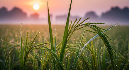 Golden sunrise light illuminates dewy green rice plants in a misty agricultural field, tranquil rural morning.